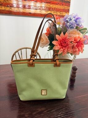 Dooney & Bourke Light Green Canvas Tote with Brown Leather Trim